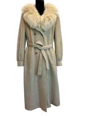 Vintage Hurtiq cream Luxurious Long Belted Wool Coat mink Fur Collar pockets M
